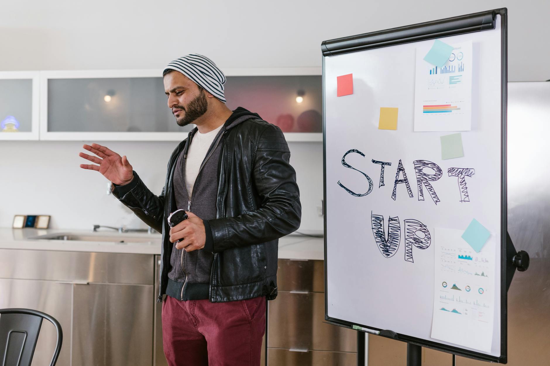 Brodaty mężczyzna omawia plan biznesowy startupu przy białej tablicy